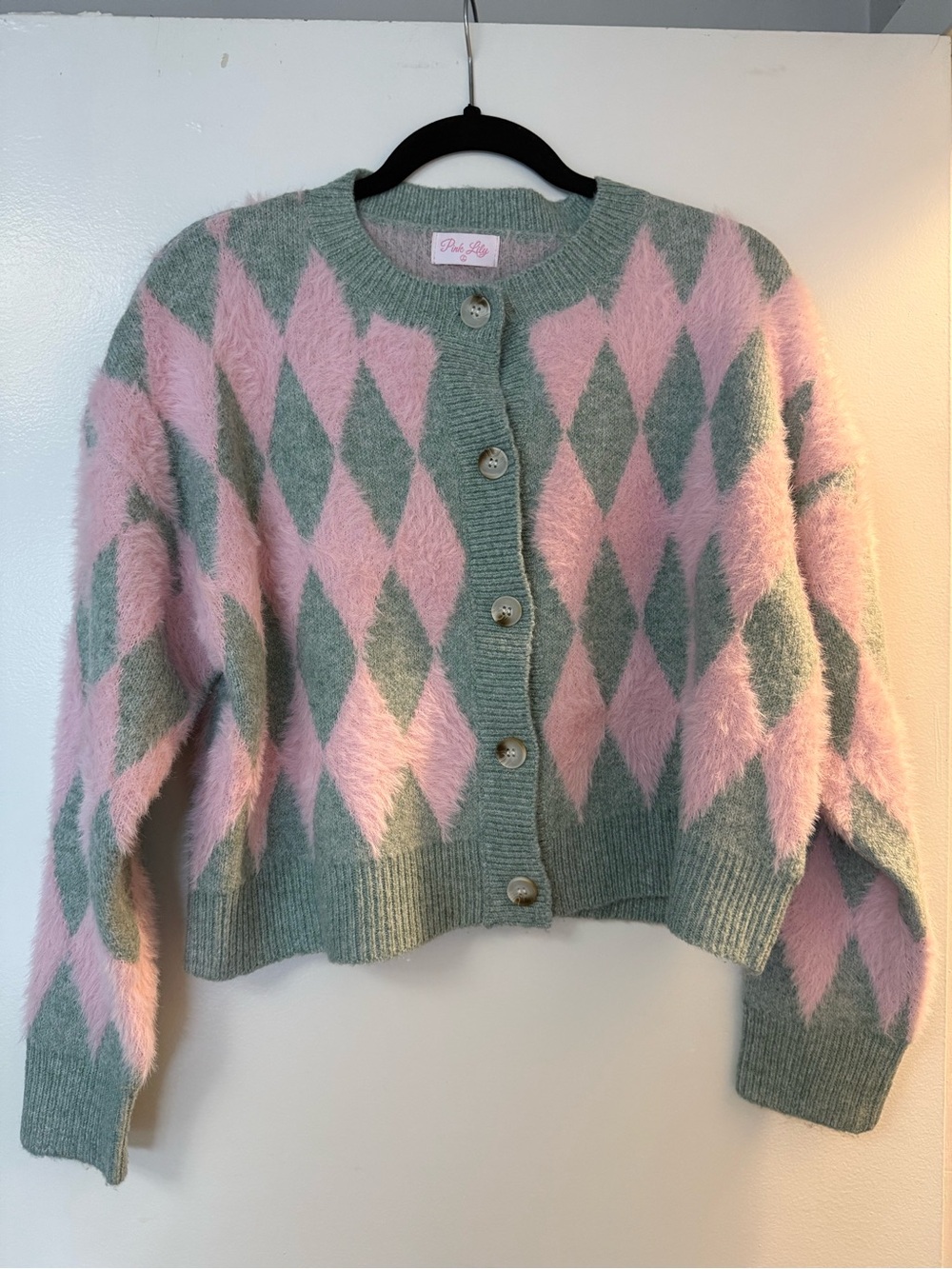Pink Lily Pink & Sage Argyle Fuzzy Button-Front Cardigan
